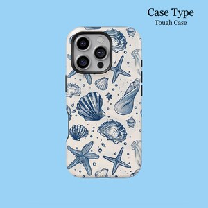 May include: A white and blue tough phone case with a pattern of seashells and starfish. The case has a glossy finish and a protective design. The text "Case Type" and "Tough Case" are printed on the top right.