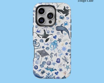 May include: A white and blue tough phone case featuring an ocean-themed pattern. The design includes illustrations of whales, orcas, starfish, seahorses, and other marine life. The text "Case Type Tough Case" is visible at the top.