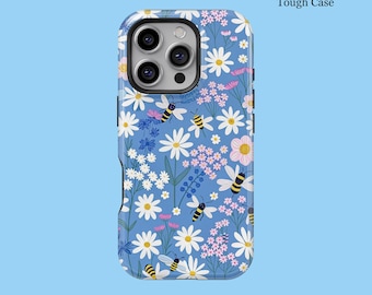 White Small Daisy And Bee Cute Floral Bumble Bees Phone Cover Design For iPhone 16 15 14 13 12 11 Pro Max MagSafe Galaxy S25 S24 Ultra Cover