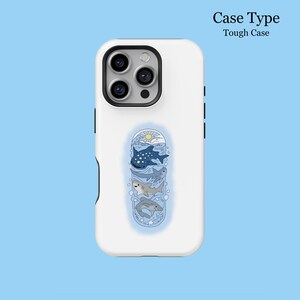May include: White tough phone case featuring a blue and white shark design. The design includes a whale shark, a gray shark, and a cartoon shark with a sun and clouds. The text "Case Type Tough Case" is at the top.