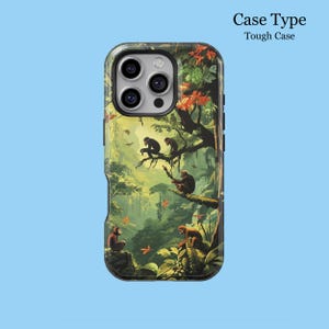 May include: A tough phone case with a jungle design, showcasing monkeys in a green and brown environment. The case displays the text "Case Type" and "Tough Case". The monkeys are perched on tree branches, creating a vibrant scene.