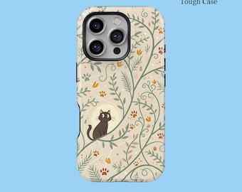Vine Leafy Paw Cute Cat Phone Case For iPhone 16 15 14 13 12 11 XS Pro Max Tough MagSafe Galaxy S25 S24 S23 S22 S21 S20 FE Plus Ultra Cover