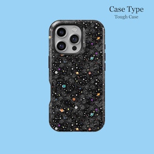 May include: Black phone case with a space-themed design. The case features a pattern of planets, stars, and galaxies in various colours. The text "Case Type Tough Case" is visible at the top.
