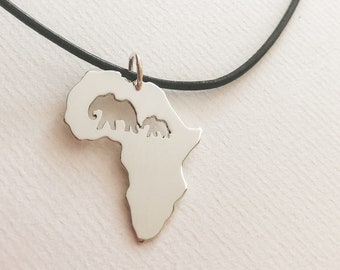 Africa Map Elephant Pendant, African Mother and baby elephants Africa, African shaped silver pendant, Africa Map Necklace, Africa Necklace