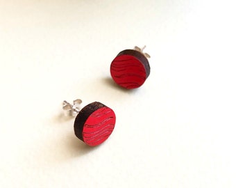 Red Earrings, Circle Wood Earrings, Laser Wood Earrings, Hypoallergenic 925 sterling silver  Earrings Pair