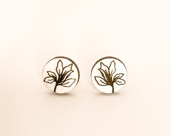 Bamboo Flower Earrings, Circle Flower Wood Earrings, Romantic Earrings, White Flower Stainless Steel Earrings Pair, Solid Wood Stud Earrings