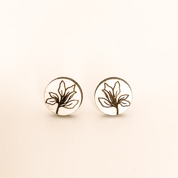 Bamboo Flower Earrings, Circle Flower Wood Earrings, Romantic Earrings, White Flower Stainless Steel Earrings Pair, Solid Wood Stud Earrings