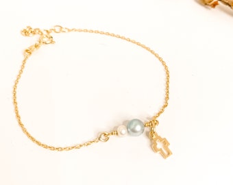 Pulsera de cruz de oro algo azul, pulsera de cruz para novia, regalo de despedida de soltera, encanto de cruz de oro, regalo de novia, regalo de primera comunión