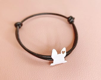 Bracciale Bulldog francese in argento - Ciondolo per cane in argento sterling su cordino in pelle, regalo di gioielli per animali domestici fatto a mano
