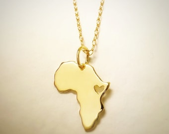 Collar de África chapado en oro de 18 kt, colgante de mapa de África personalizado, colgante de Etiopía, collar de África de plata, joyería personalizada, África dorada