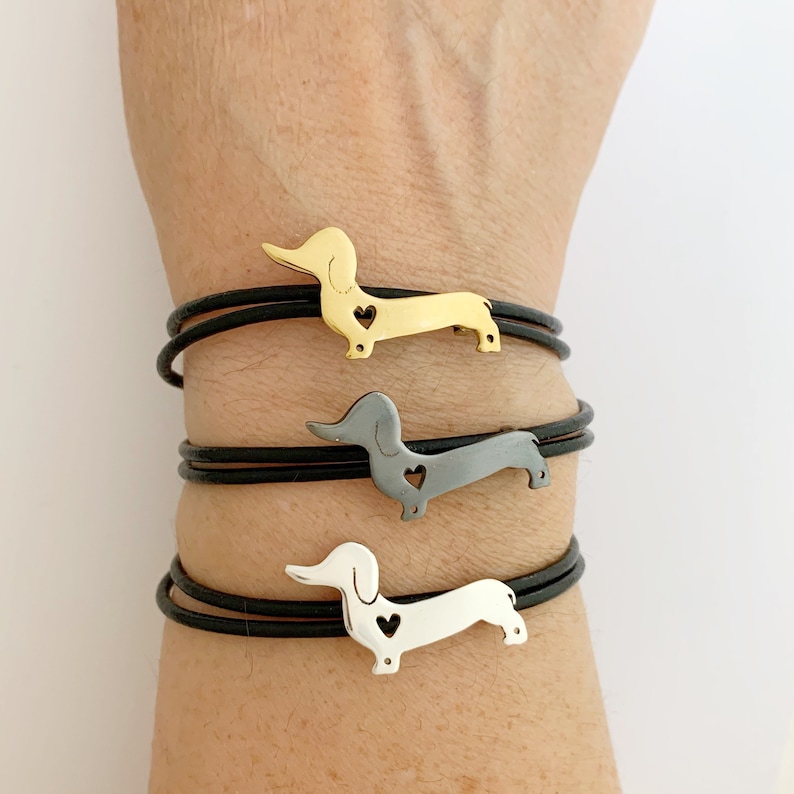 Dackel Armband aus Leder mit Dackelmotiv in Gold Silber und Weiß