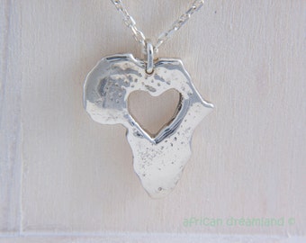 Africa Necklace, Africa Map Pendant, Africa Heart Necklace, Silver Africa Shape, Custom Jewelry, Personalized Necklace, Silver Necklace