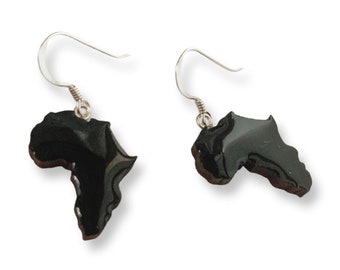 Pendientes negros de África, pendientes de mapa de África, pendientes de plata de África, pendientes colgantes negros, joyería africana, pendientes de declaración, pendientes de madera