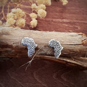 African Map Earrings with Tribal Print • Sterling Silver 925 • Handmade Africa Jewelry with Tribal Texture • Unique Piece • Gift for Her