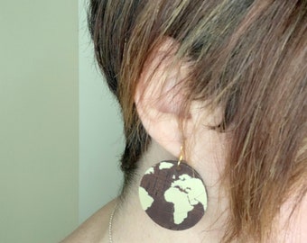 World Map Dangle Earrings, Vegan Leather Earrings, Africa Statement Earrings, Globe Earrings, Travel Gift for Women, Brown Cork Earrings