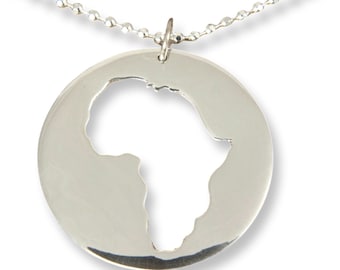 Afrika-Halskette rund mit einem personalisierten Karten-Anhänger, Zustandskarte, Silber-Afrika-Karte, Reisegeschenk, individueller Schmuck, personalisierte Halskette