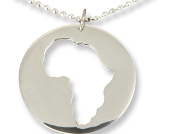 Halskette mit Afrika-Kartenanhänger aus Sterlingsilber, runder Afrika-Anhänger, Geschenk für Afrika-Liebhaber, handgefertigter Afrika-Schmuck