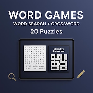May include: A digital tablet displays word games, including a word search and a crossword puzzle. The screen shows the text "WORD GAMES" and "20 Puzzles". A magnifying glass and a pencil are also visible.