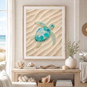 Sea Glass Turtle Wall Art, Coastal Beach Decor, Ocean Turtle Poster Canvas