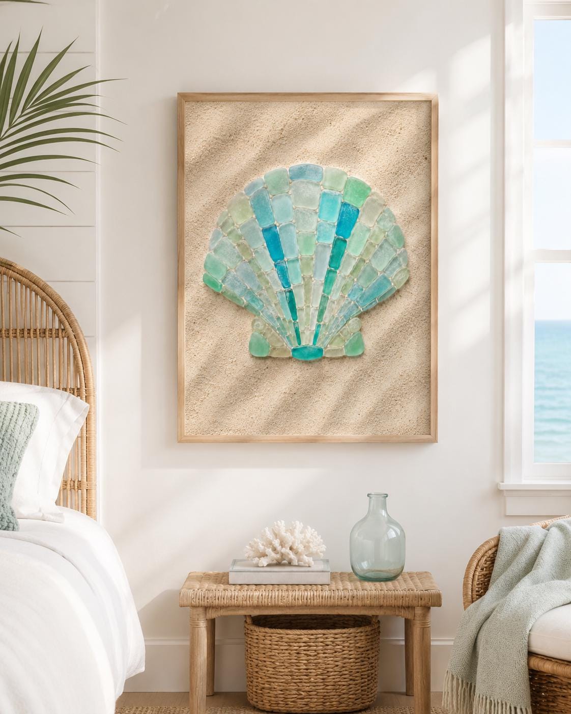 Sea Glass Shell Mosaic Wall Art, Coastal Beach House Decor, Aqua Blue ...