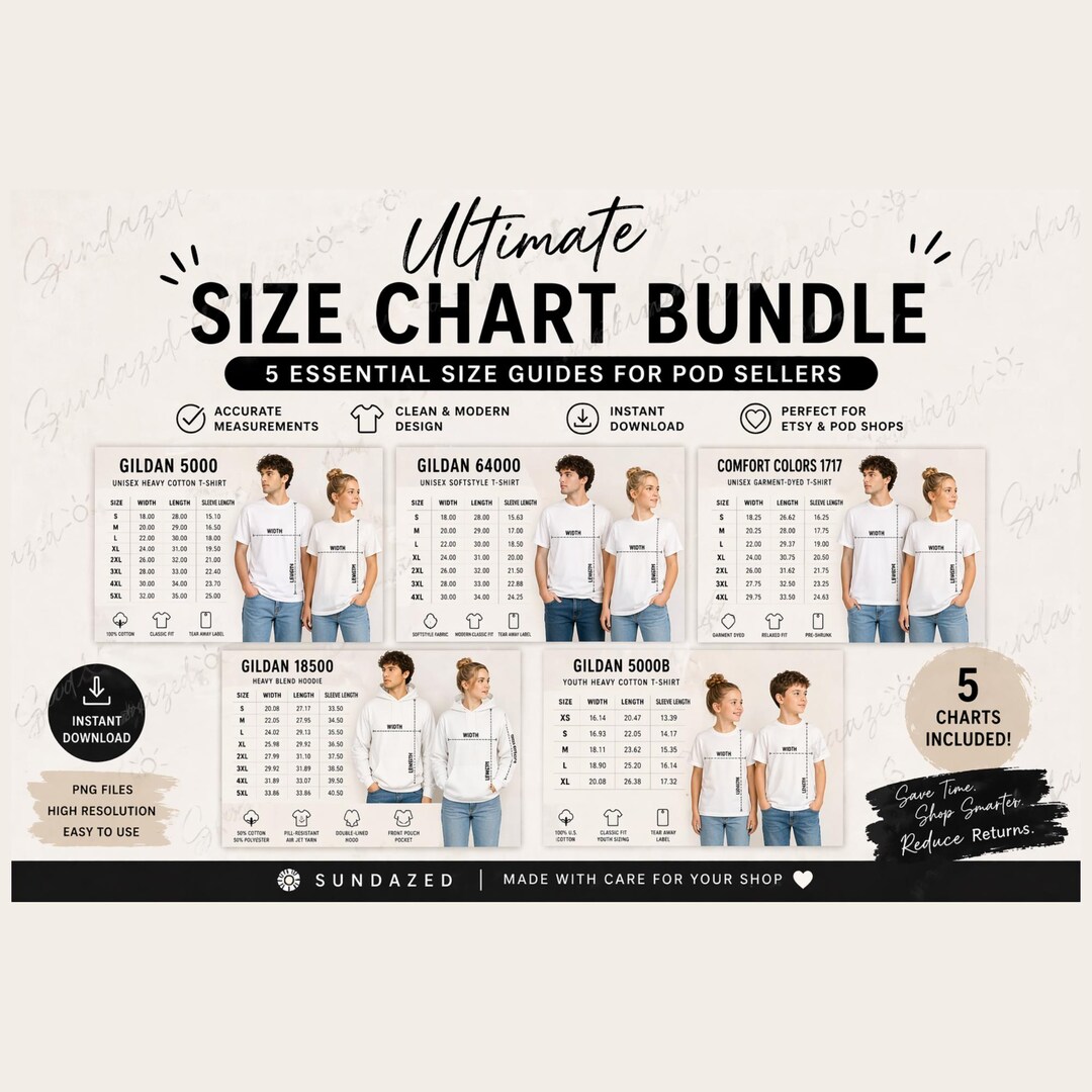 POD Size Chart Bundle, Gildan, Comfort Colors, Unisex PNG (digital ...