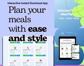 Puede incluir: Anuncio de una aplicación de planificación de comidas. La imagen presenta el texto «Planifica tus comidas con facilidad y estilo». Una tableta y un teléfono inteligente muestran la interfaz de la aplicación, mostrando opciones de comidas e información nutricional.