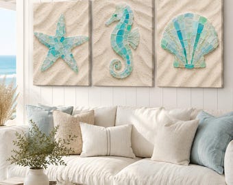 Sea Glass Coastal Wall Art Set of 3, Starfish Seahorse Shell Poster or Canvas Prints, Beach House Decor, Ocean Bathroom Art