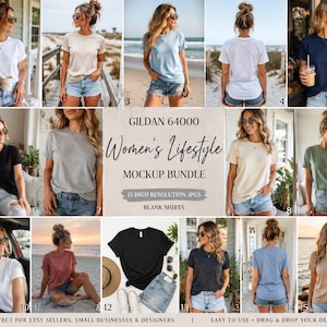 May include: A digital mockup bundle featuring fifteen high-resolution JPEG images of blank t-shirts in various colors, including white, black, gray, blue, and beige, worn by a person in different settings with the text Gildan 64000 Women's Lifestyle Mockup Bundle.
