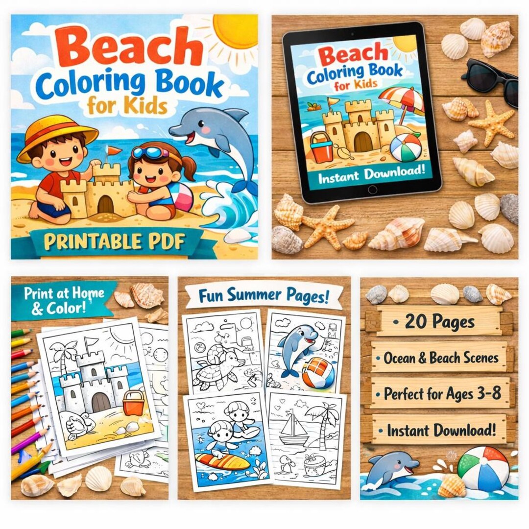 Beach Coloring Book for Kids Printable PDF | Summer Sea Coloring Book ...