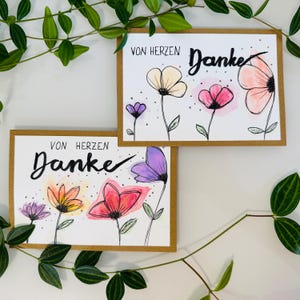 Handgemalte Dankeskarte „Von Herzen Danke“ – Aquarell-Blumenkarte – Danke sagen mit Stil – Unikat Grußkarte