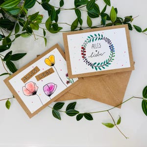 Handgemachtes Karten-Set mit Aquarell und Lettering - 2x "Alles Liebe" inkl. Umschläge, liebevoll gestaltet auf hochwertigem Kraftpapier