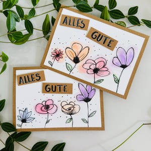 Blumengrußkarte - "Alles Gute" - handgemalt - Aquarellkarte mit Blumen, Geburtstagskarte, Glückwunschkarte