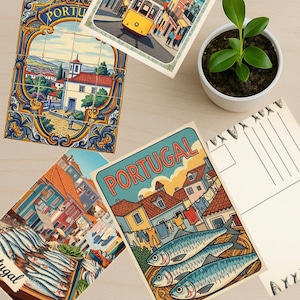 Postal digital vintage de Portugal, tarjeta de viaje imprimible de 4x6, sardinas, tranvía, arte costero