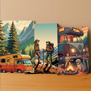 Retro Camping Abenteuer Postkarten-Set — 8 Digitaldrucke | Vintage Natur Kunst | Druckbare 4x6 Karten für Wandkunst oder Geschenk
