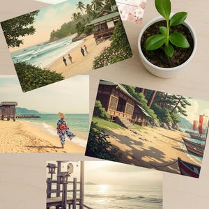 Japanischer Strand Postkarten-Set, digitaler Download, Küstenjapan, Kimono-Kunst, Boote und Häuser am Meer, 4x6