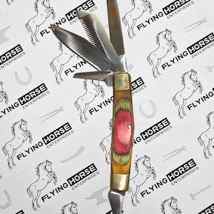 May include: A multi-tool knife with a wooden handle featuring red and green accents. The knife has several blades, including a comb, and a hoof pick. The background features a repeating pattern of a rearing horse and the text "FLYING HORSE ENTERPRISES."