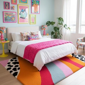 Aesthetic bedroom rug with wavy abstract design