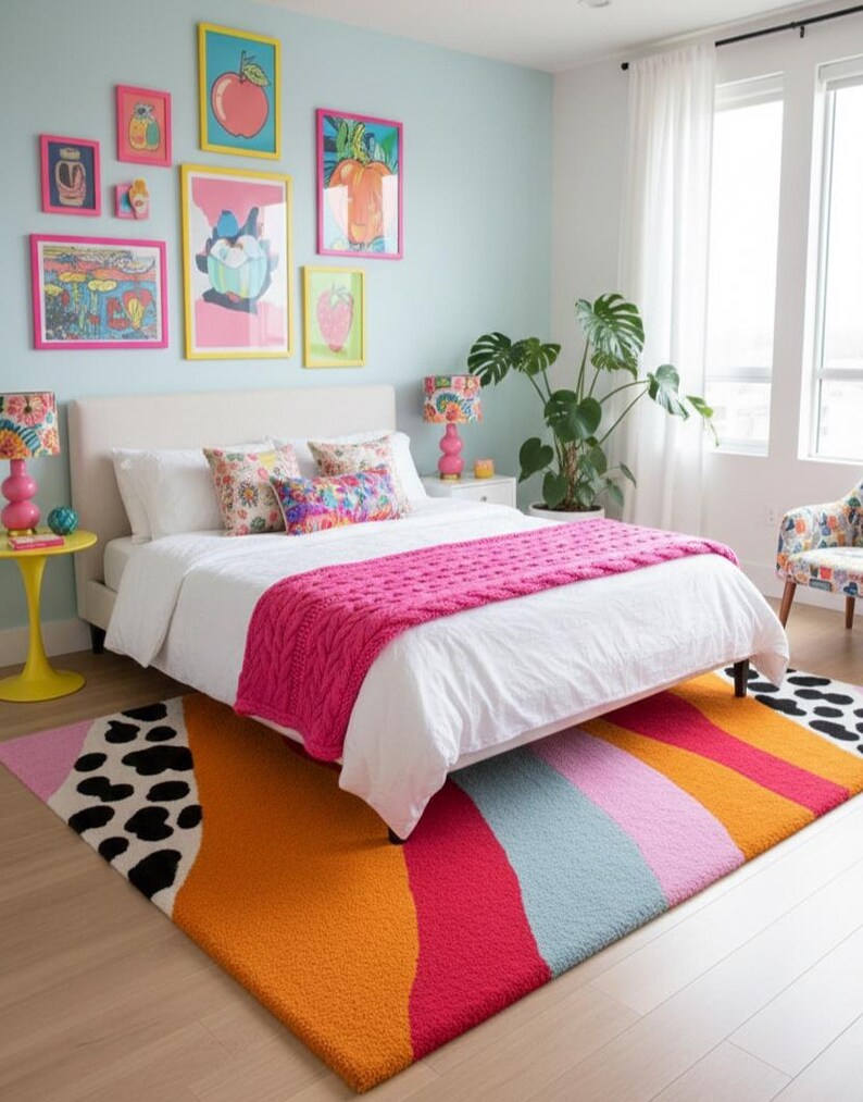 Aesthetic bedroom rug with wavy abstract design