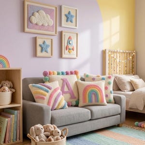 Personalized pastel cushion cover styled in a modern nursery room with cozy neutral decor and children's furniture.