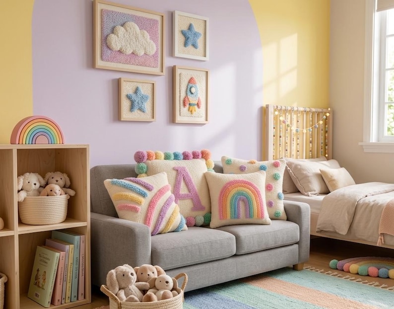 Personalized pastel cushion cover styled in a modern nursery room with cozy neutral decor and children's furniture.