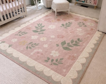 Hand Tufted Wool Nursery Rug, Pink Floral Area Rug, Kids Room Rug, Scalloped Border Rug, Baby Girl Room Decor, Soft Wool Rug