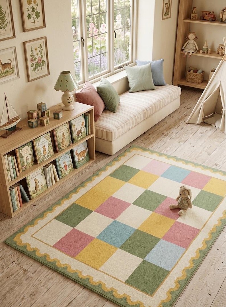 Soft pastel checkerboard nursery rug with scalloped border in pink, sage green, cream, yellow, and baby blue, styled in a cozy rainbow-themed kids room with plush tufted texture.