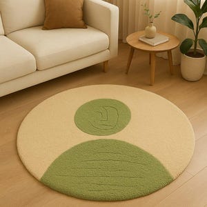 Handgetufteter Wollteppich: Grün & Beige Minimalistisches Dekor