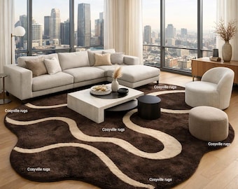 Alfombra abstracta de formas orgánicas en marrón y beige de 1,5 x 2,4 m, moderna y curva, de seda de lujo hecha a mano, decoración contemporánea a medida para el hogar.
