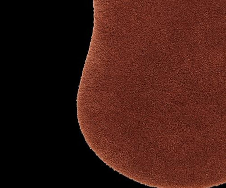 May include: Close-up of a textured, rust-colored, rounded object against a black background. The object has a soft, plush appearance, suggesting a rug or textile. The edges are slightly curved.