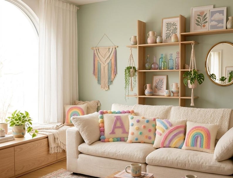 Personalized tufted cushion cover with pastel pom pom border, custom initial letter pillow, handmade nursery and kids room decor.