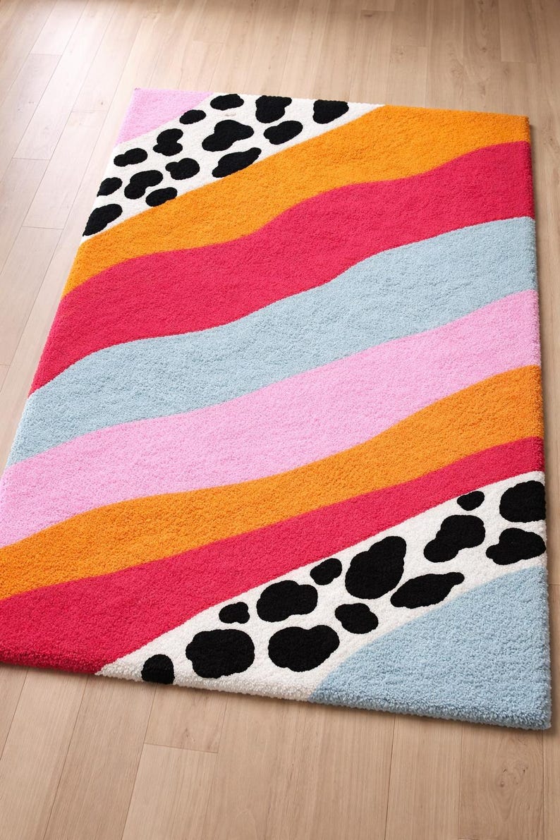 Colorful wavy pastel tufted rug with cow print corners rectangular shape