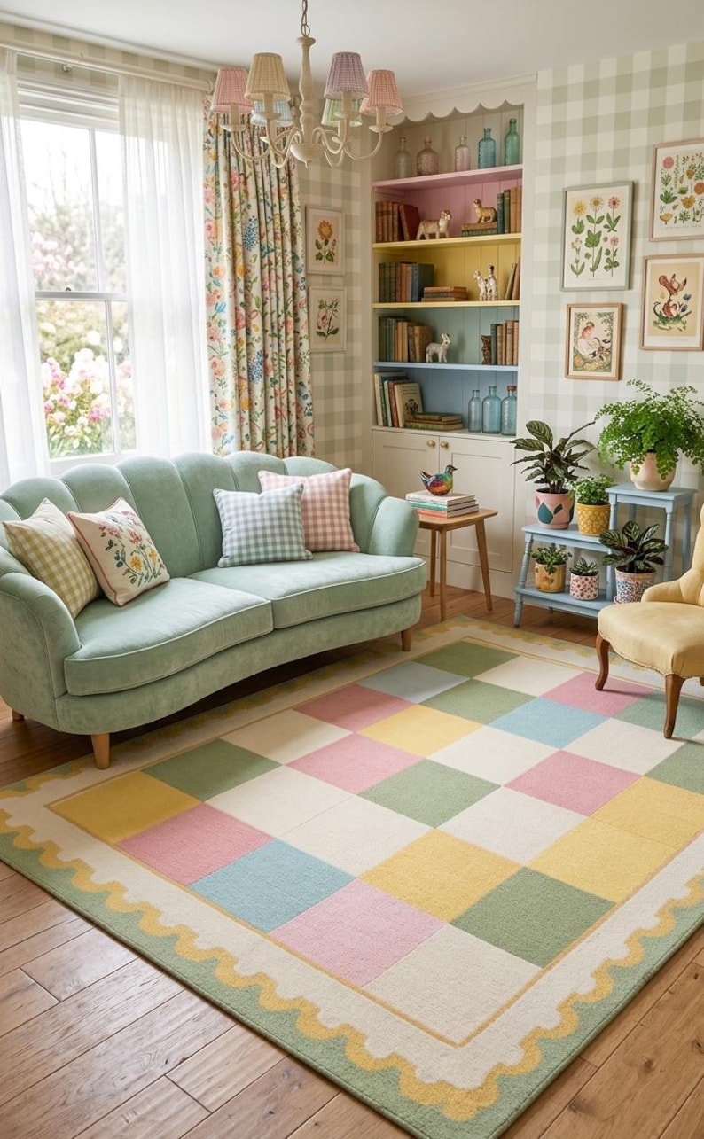 Soft plush pastel checkerboard rug with scalloped border in blush pink, sage green, cream, butter yellow, and blue tones. This tufted room carpet is styled in a dreamy rainbow-themed and adds cozy cottagecore charm to  cute corners, baby rooms, and modern spaces. Perfect for pastel aesthetic decor, soft nursery interiors, Montessori playrooms, colorful bedroom and living rooms