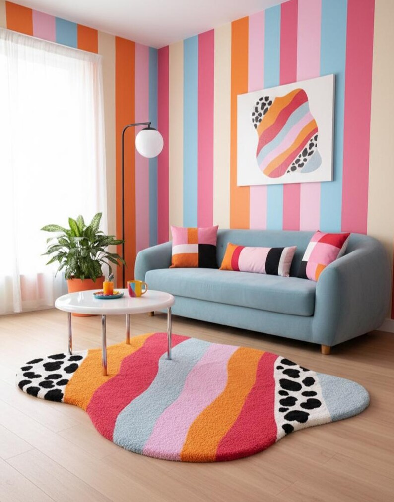 Irregular blob shaped pastel stripe rug with black and white cow print detail