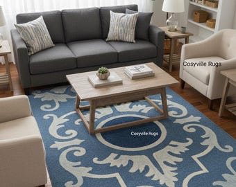 Blue Floral Area Rug 6×7 ft | Handmade Wool Carpet | Modern Traditional Living room Rug | Bedroom Hallway Rug | Custom Size Available |